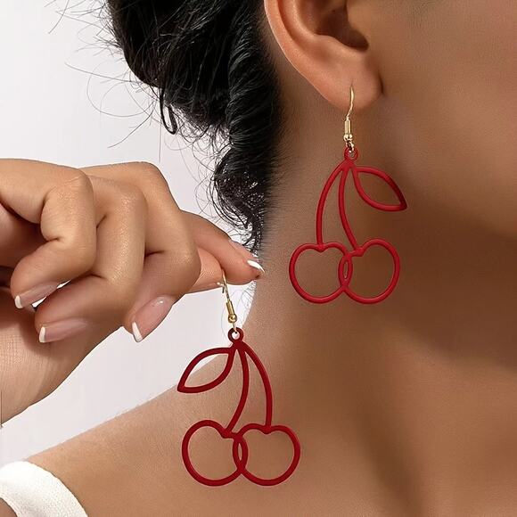 NEW Long Cherry Drop Earrings, Cute Red Fruit Dangle Earrings, Cherry Bomb - Picture 1 of 4